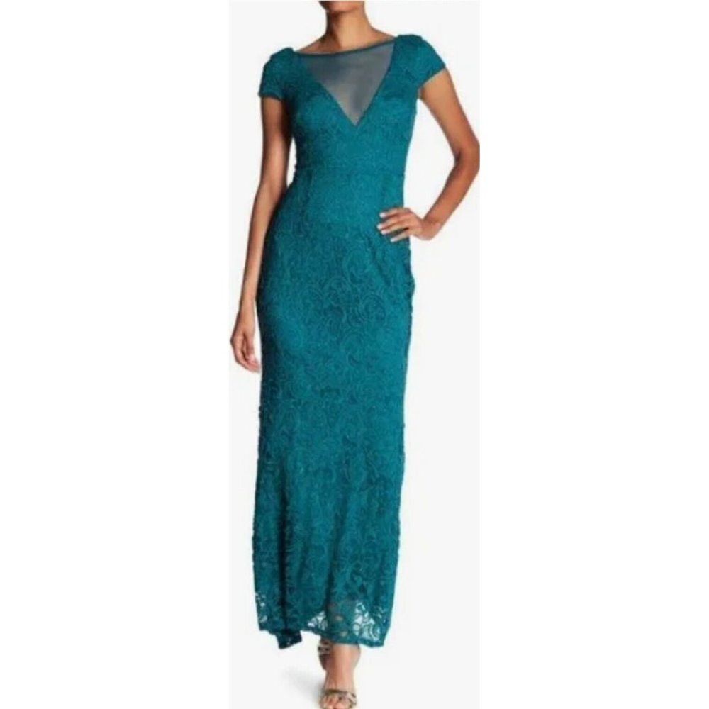 Marina Green Illusion V-Neck Lace Sheath Mesh Short Sleeve Maxi Gown Dress 10 Nw